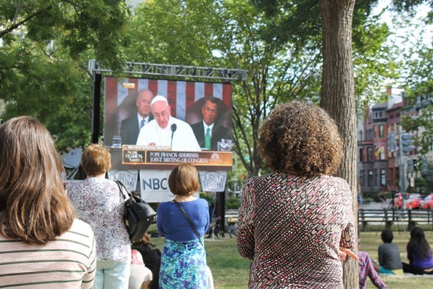 More than a hundred residents gathered to watch the pope’s address to Congress