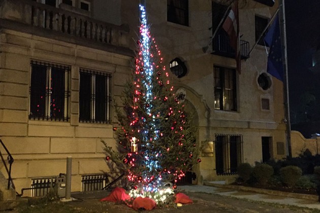 Latvian Embassy’s holiday lights at 2306 Massachusetts Ave. NW
